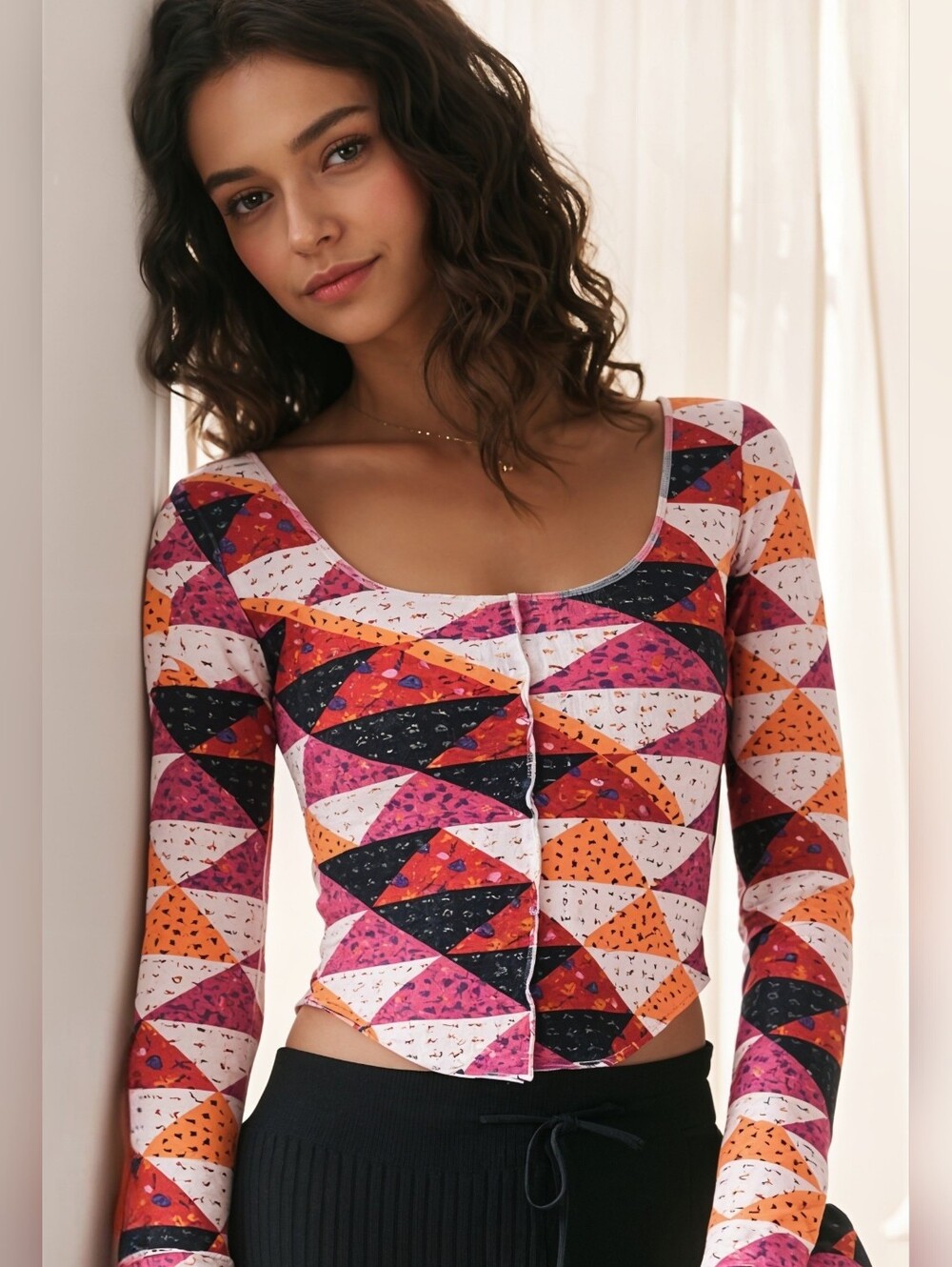 Free People Intimately Patchwork Semi-Cropped Long Sleeve Top